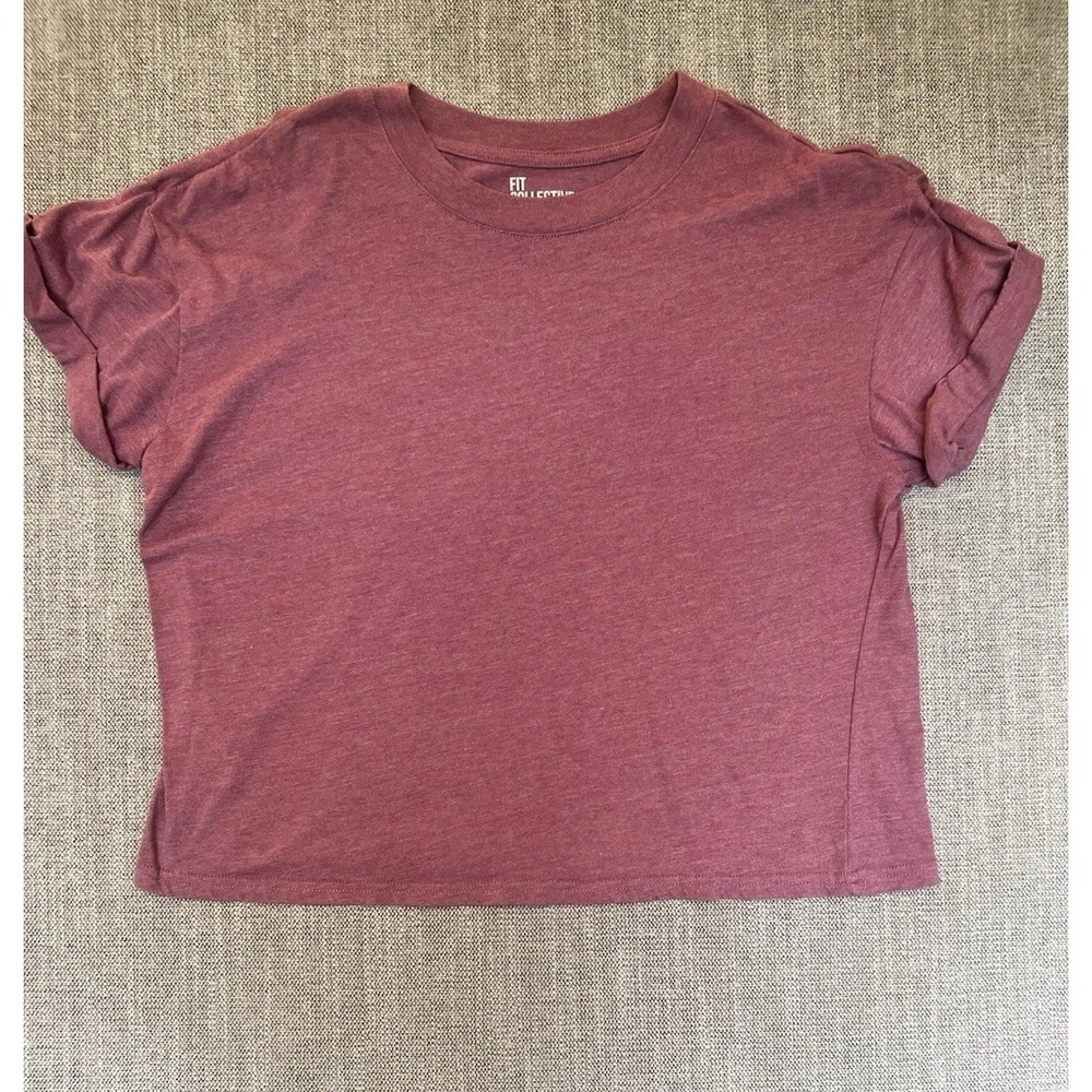 Fit Collective Women's Medium Heather Mauve Cropped T-Shirt Rolled Sleeve